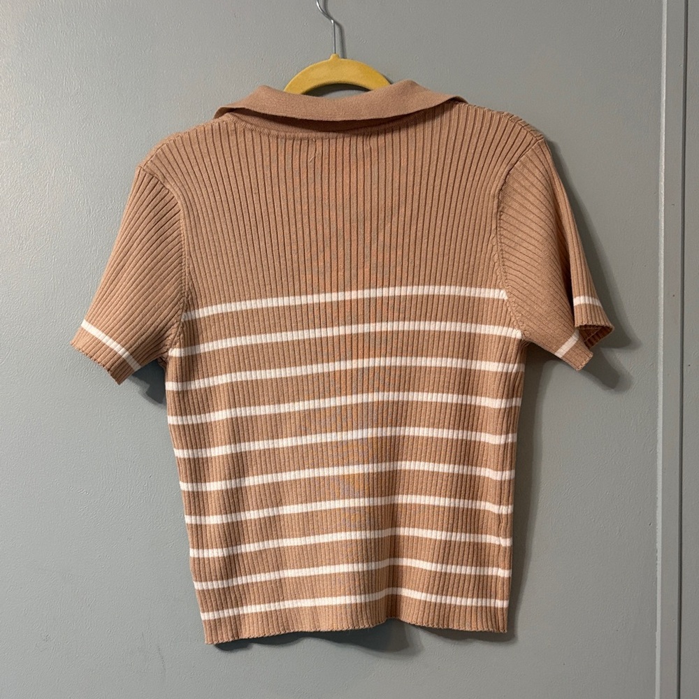 🖤Grace Karin Women's Button Down Tan and White Striped Light Cardigan🖤 - Picture 2 of 4